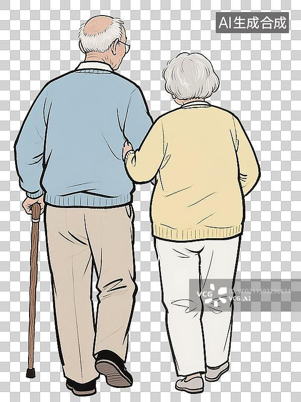 【AI数字艺术】重阳节老年夫妇拄着拐杖手牵手散步的背影，勾线插画漫画免扣设计元素图片素材