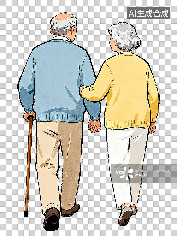 【AI数字艺术】重阳节老年夫妇拄着拐杖手牵手散步的背影，勾线插画漫画免扣设计元素图片素材