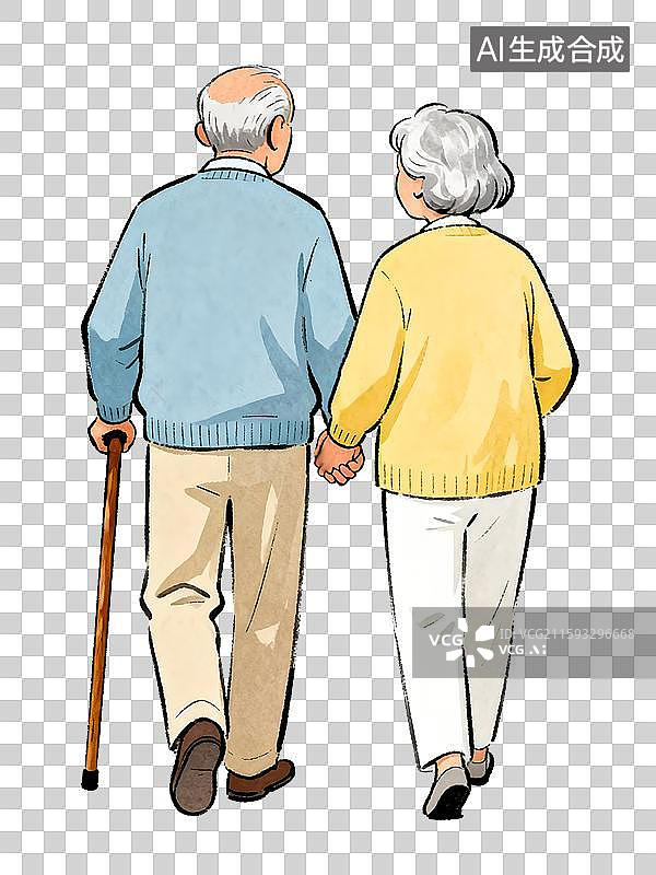 【AI数字艺术】重阳节老年夫妇拄着拐杖手牵手散步的背影，勾线插画漫画免扣设计元素图片素材