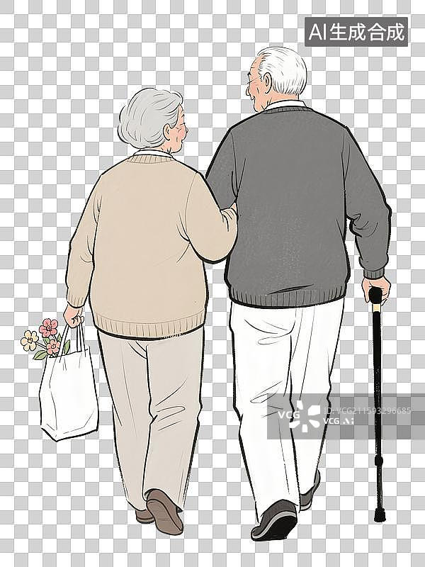 【AI数字艺术】重阳节老年夫妇拄着拐杖手牵手散步的背影，勾线插画漫画免扣设计元素图片素材