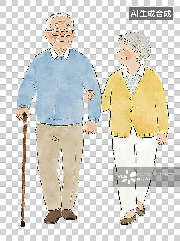 【AI数字艺术】重阳节老年夫妇拄着拐杖手牵手散步，水彩插画漫画免扣设计元素图片素材