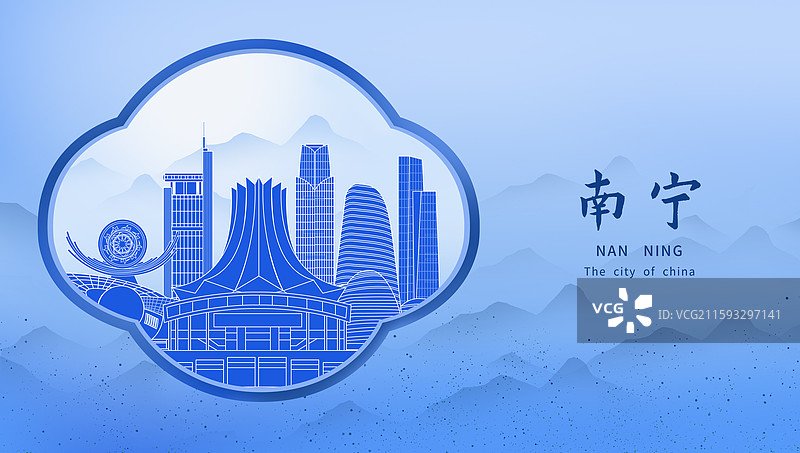 南宁蓝色青花瓷古典山水画淡雅山峰窗户景观城市图片素材