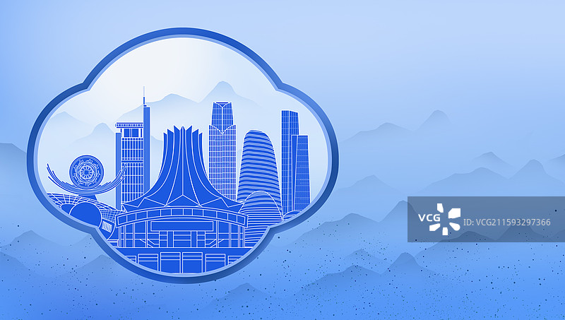 南宁蓝色青花瓷古典山水画淡雅山峰窗户景观城市图片素材