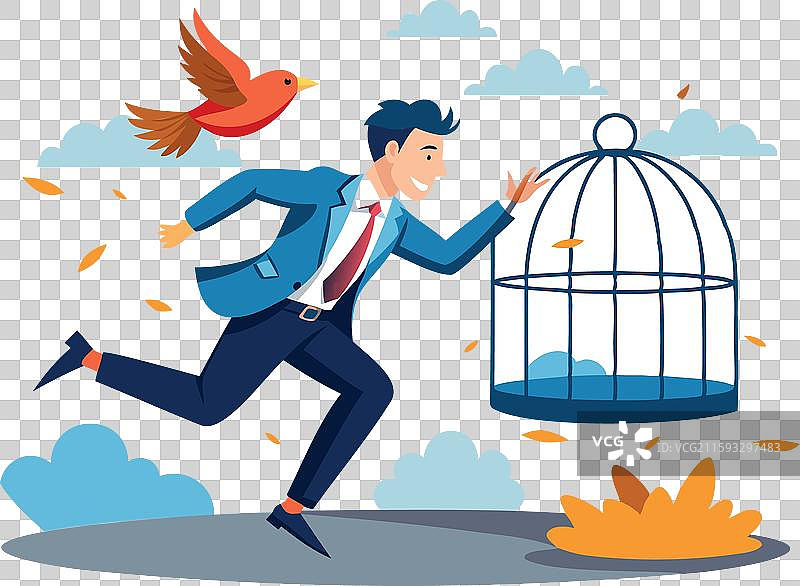 商人逃离鸟笼寻求自由图片素材