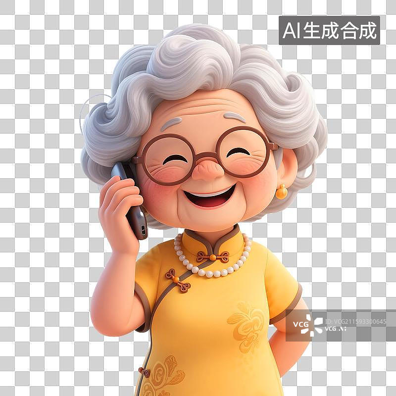【AI数字艺术】穿着旗袍的老年卡通女性开心的接电话打电话，3D免扣设计元素图片素材