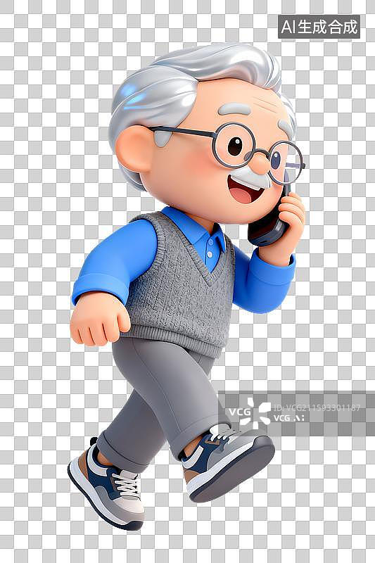 【AI数字艺术】满头银发的老年男性开心的接电话打电话，3D免扣设计元素图片素材