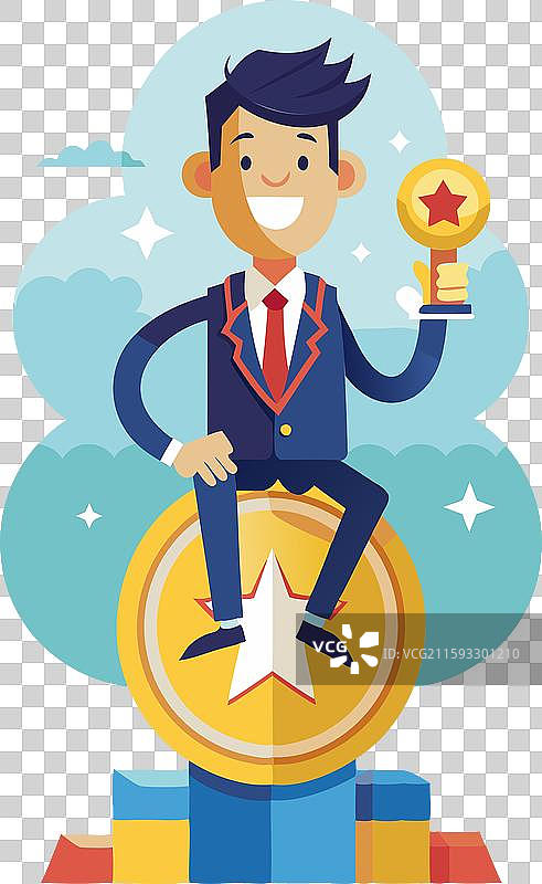 商人手持奖牌与奖杯图片素材