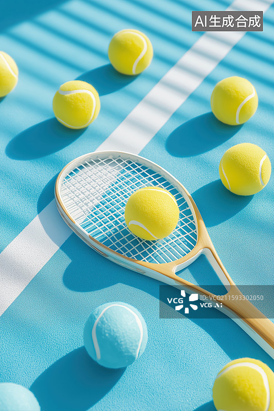 【AI数字艺术】网球拍与网球置于蓝色场地图片素材