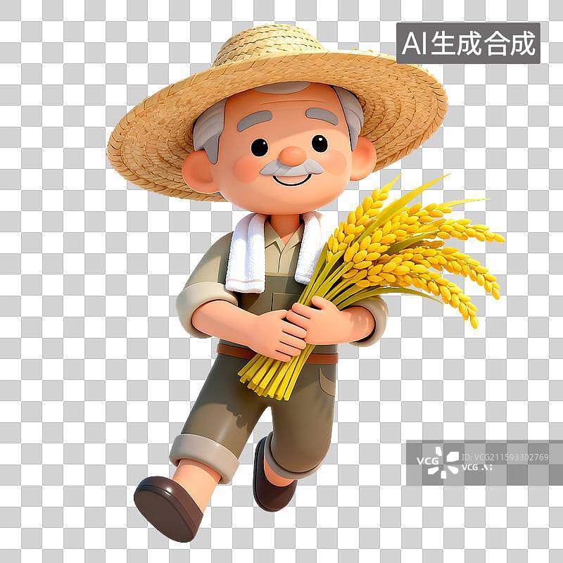 【AI数字艺术】秋收农忙时农民伯伯带着草帽搭着毛巾抱着一捆金黄色稻谷3D免扣设计元素图片素材