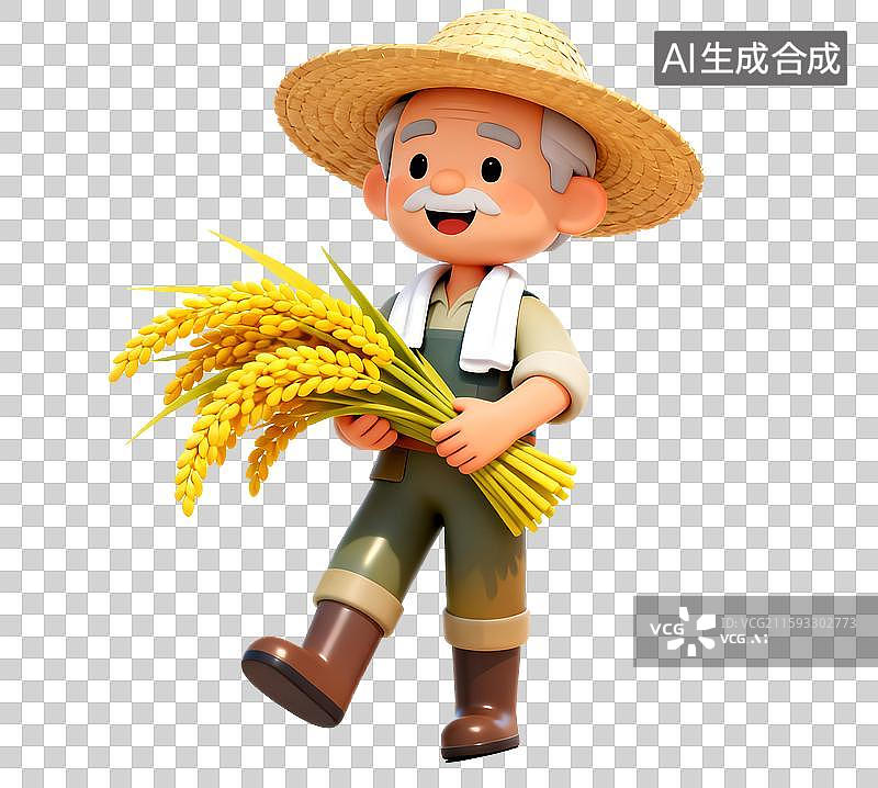 【AI数字艺术】秋收农忙时农民伯伯带着草帽搭着毛巾抱着一捆金黄色稻谷3D免扣设计元素图片素材