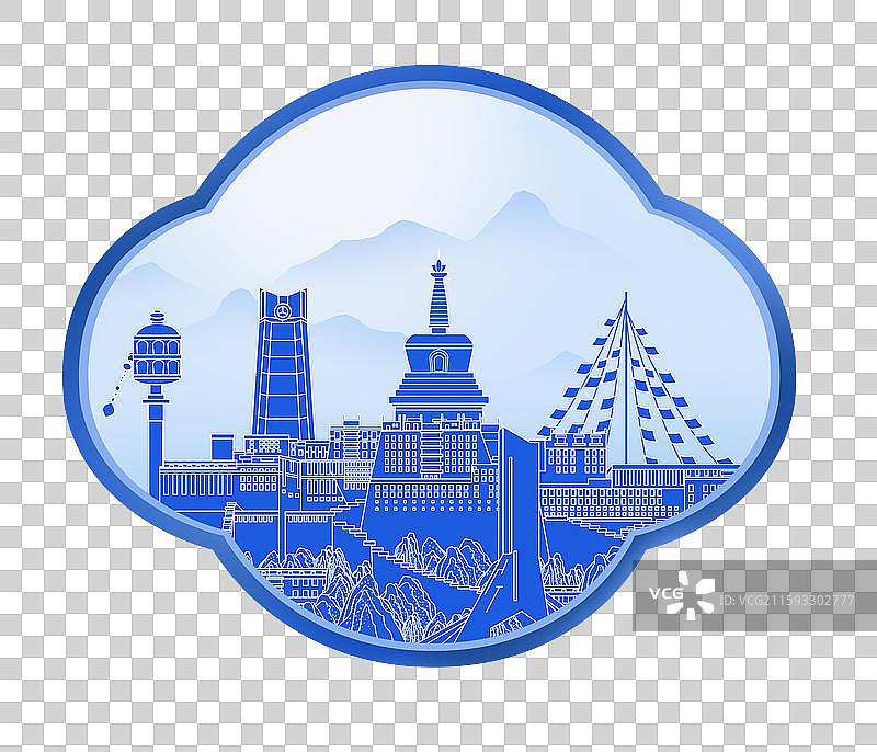 西藏蓝色青花瓷古典山水画淡雅山峰窗户图片素材