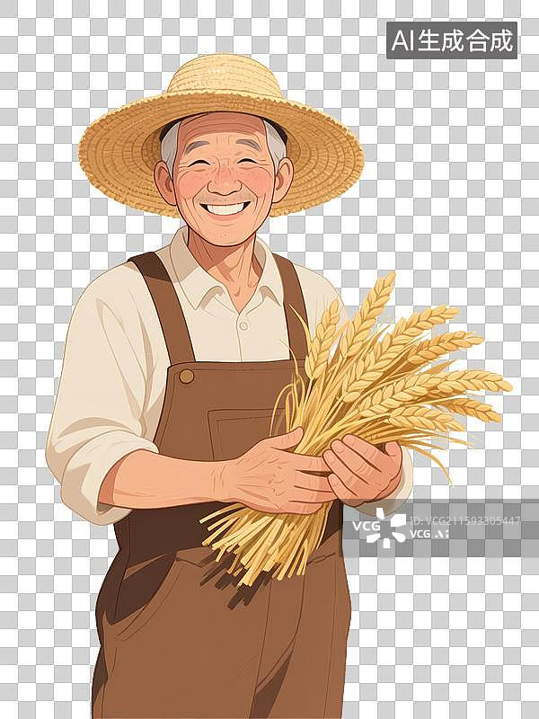 【AI数字艺术】手捧麦穗微笑的农民伯伯卡通人物插画图片素材