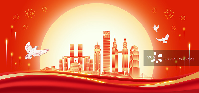重庆建筑天际线红色国潮风中秋节国庆节海报图片素材