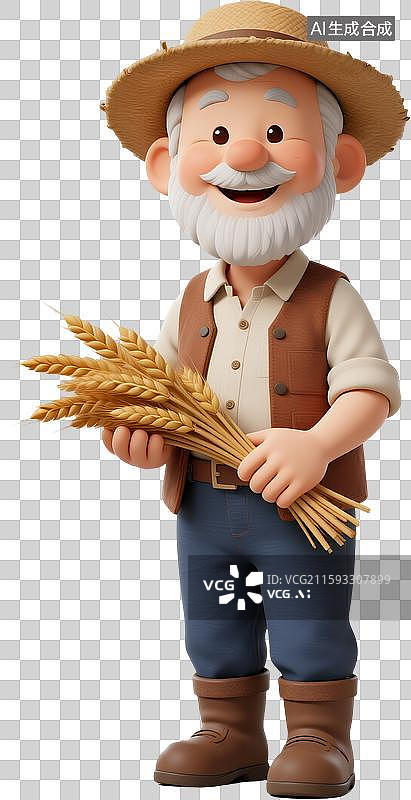 【AI数字艺术】3d老农手持麦穗的形象图片素材