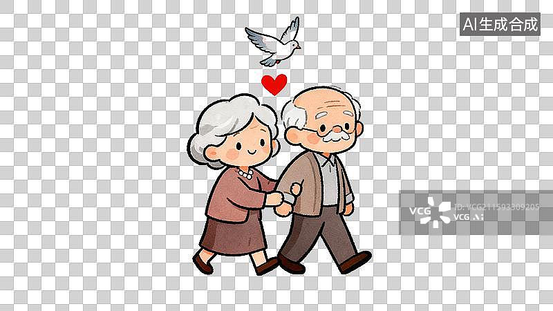【AI数字艺术】手绘插画风格可爱老年夫妇白发相互搀扶牵手老人行走头顶红心白鸽象征爱情与陪伴的退休生活图片素材