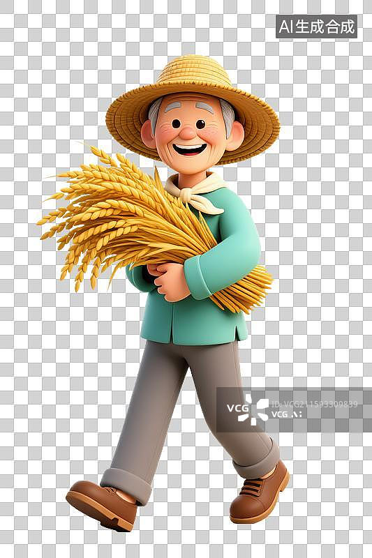 【AI数字艺术】3D三维农民抱着丰收麦穗稻谷元素图片素材