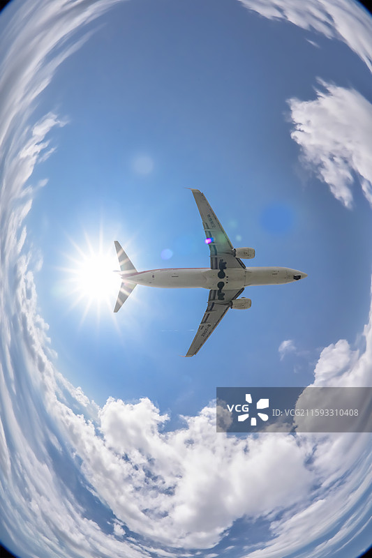 蓝天白云和低空飞机图片素材