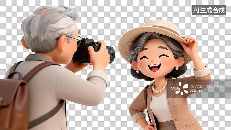 【AI数字艺术】充满活力的老年亚洲夫妇享受街拍时尚瞬间老爷爷用相机给老奶奶拍照手绘3D卡通风格插画快乐退休生活方式图片素材