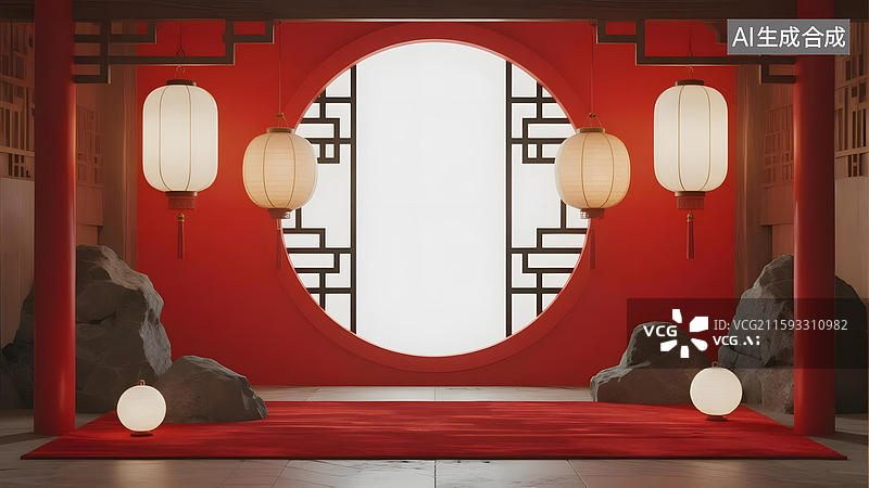 【AI数字艺术】中式传统红色庭院门景图片素材