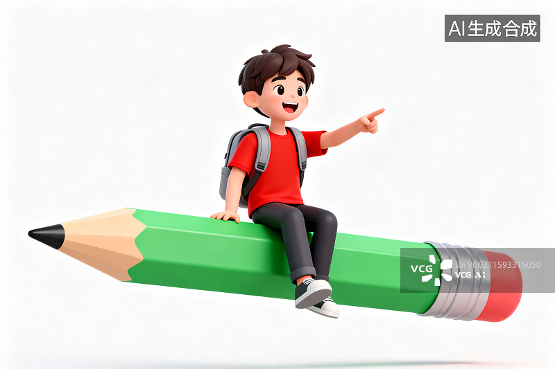 【AI数字艺术】坐在铅笔上的男孩图片素材