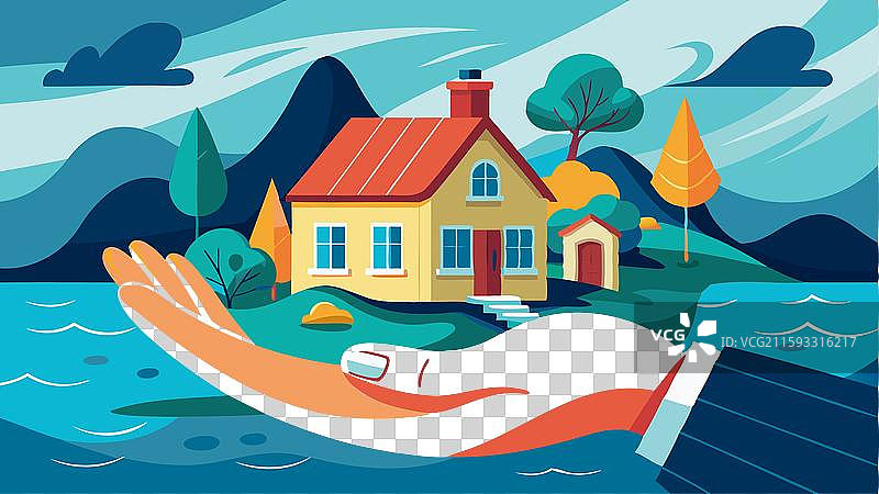 手掌保护房屋免受洪水侵袭图片素材