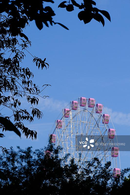 蓝天白云绿树摩天轮。秋高气爽。晴天晴朗晴空万里图片素材
