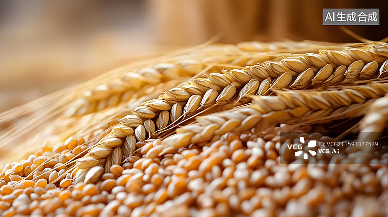 【AI数字艺术】收获的小麦麦粒堆积在一起图片素材