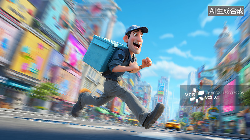 【AI数字艺术】在城市街道上奔跑的快递员图片素材