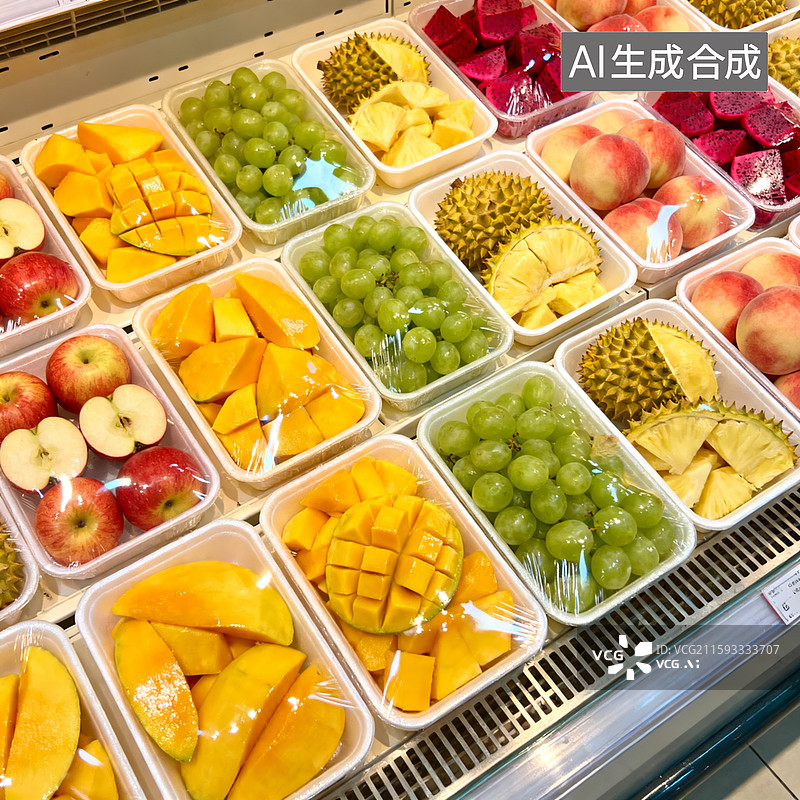 【AI数字艺术】超市水果摊位上摆放整体的各种水果切盒，芒果，苹果，青提，榴莲，水蜜桃。火龙果，方形打包盒子包装好图片素材