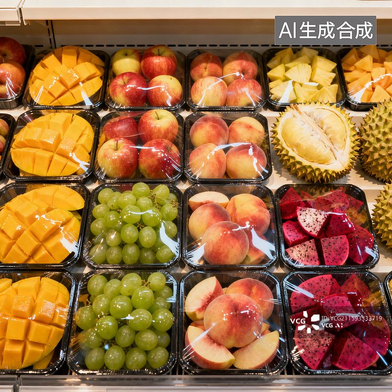 【AI数字艺术】超市水果摊位上摆放整体的各种水果切盒，芒果，苹果，青提，榴莲，水蜜桃。火龙果，方形打包盒子包装好图片素材