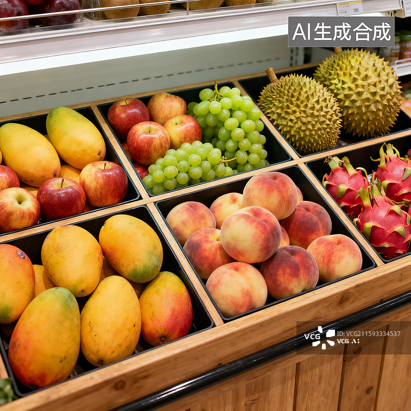 【AI数字艺术】超市水果摊位上摆放整体的各种水果，芒果，苹果，青提，榴莲，水蜜桃。火龙果，分格摆放图片素材