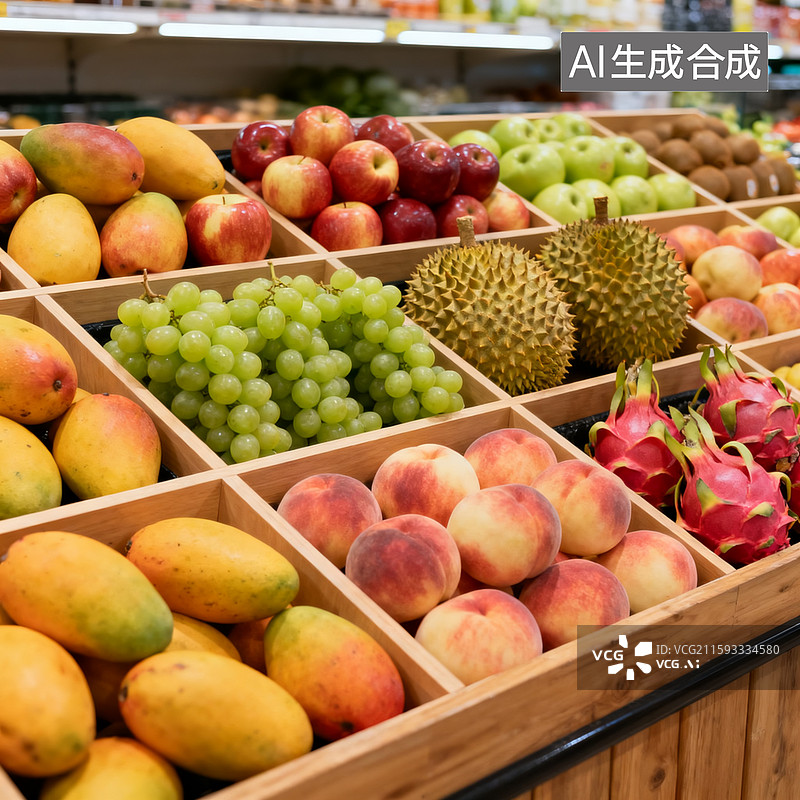 【AI数字艺术】超市水果摊位上摆放整体的各种水果，芒果，苹果，青提，榴莲，水蜜桃。火龙果，分格摆放图片素材