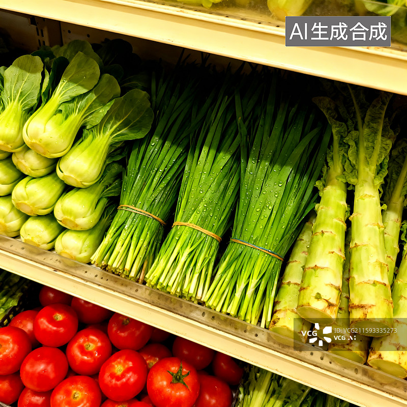 【AI数字艺术】超市货架上摆放整体的各种蔬菜，几把上海青小青菜摞在一起。捆好的韭菜几把，还有捆好的莴笋尖，西红柿图片素材