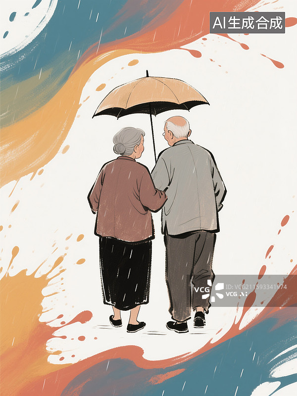 【AI数字艺术】幸福晚年，携手相伴，风雨同行，一对老年夫妻雨中打伞出行图片素材