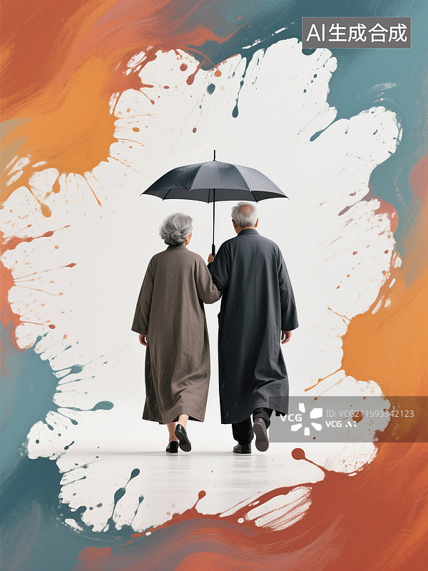 【AI数字艺术】幸福晚年，携手相伴，风雨同行，一对老年夫妻雨中打伞出行图片素材