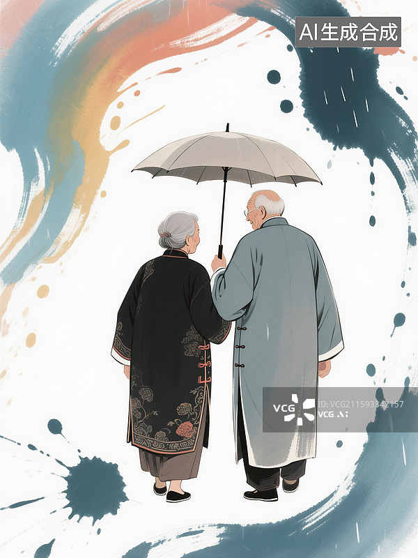 【AI数字艺术】幸福晚年，携手相伴，风雨同行，一对老年夫妻雨中打伞出行图片素材