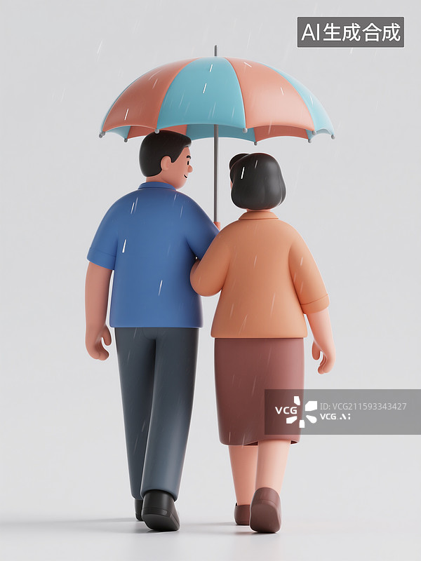 【AI数字艺术】携手相伴，风雨同行，一对中年夫妻雨中打伞出行图片素材