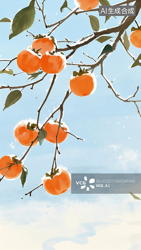 【AI数字艺术】秋天里的柿子树手绘水墨画图片素材