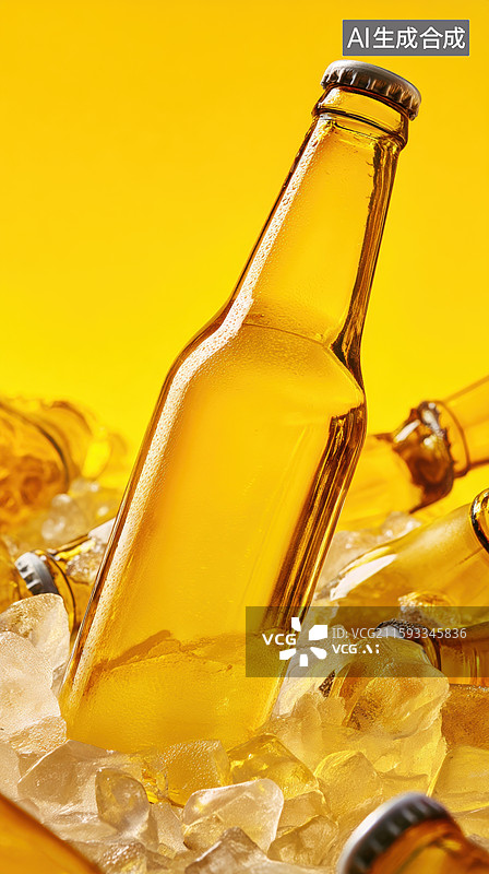 【AI数字艺术】冰镇啤酒瓶置于冰块中图片素材