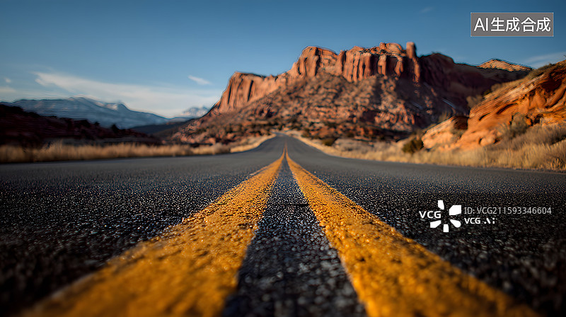 【AI数字艺术】双黄线公路延伸至远方图片素材