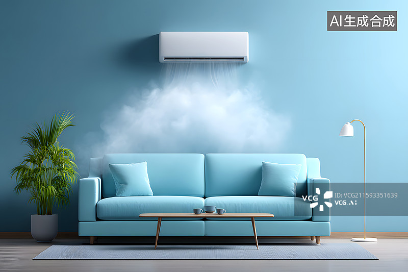 【AI数字艺术】客厅里一架空调正在吹冷气图片素材