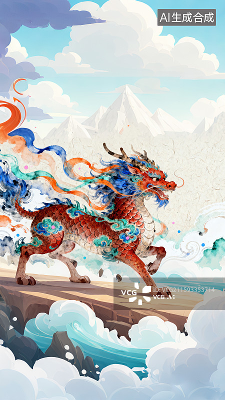【AI数字艺术】国潮风瑞兽麒麟插画图片素材