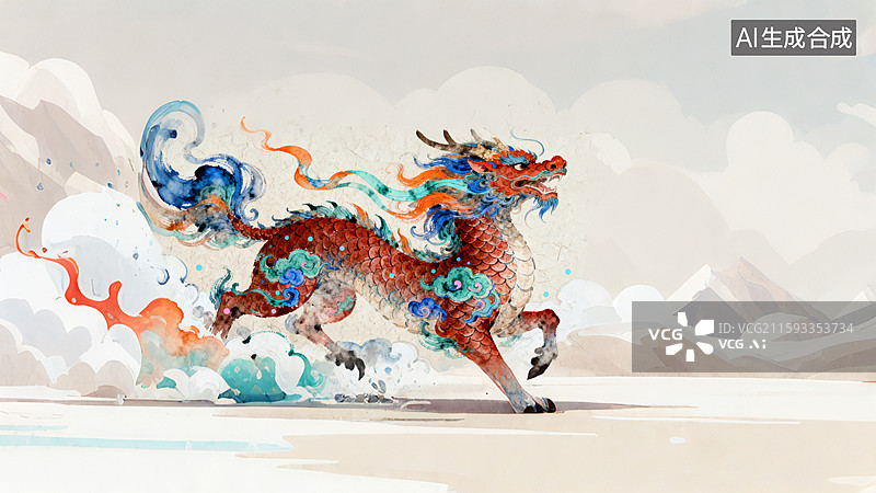 【AI数字艺术】国潮风瑞兽麒麟插画图片素材