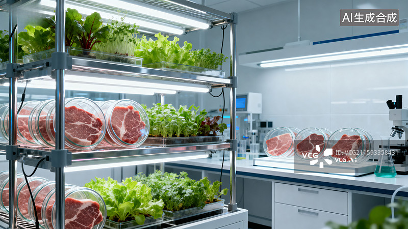 【AI数字艺术】实验室培养肉与植物生长展示图片素材