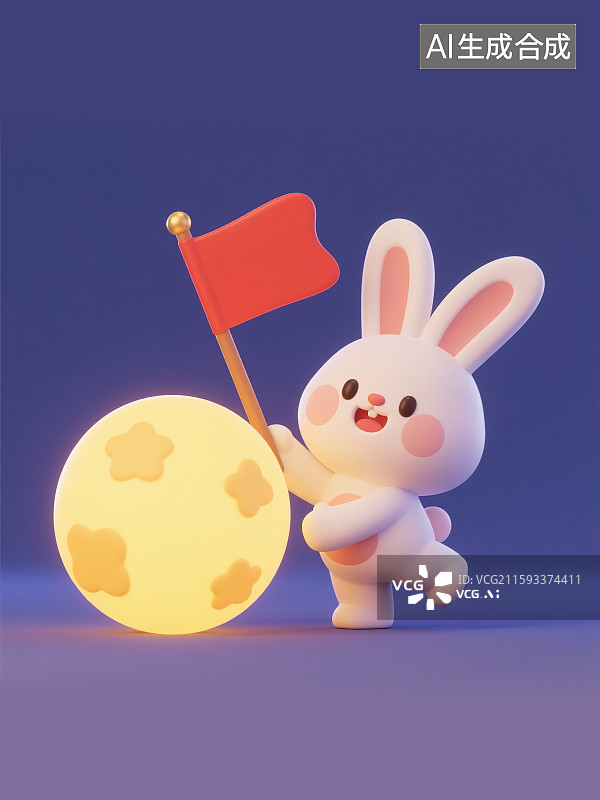 【AI数字艺术】中秋节国庆节双节可爱卡通萌系3D三维立体吉祥物IP设计白色小兔子玉兔手上举着小红旗子开心快乐庆祝兔年图片素材