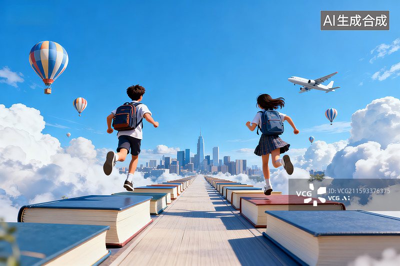 【AI数字艺术】书本路上奔跑的孩童图片素材