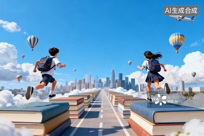 【AI数字艺术】书本路上奔跑的孩童图片素材