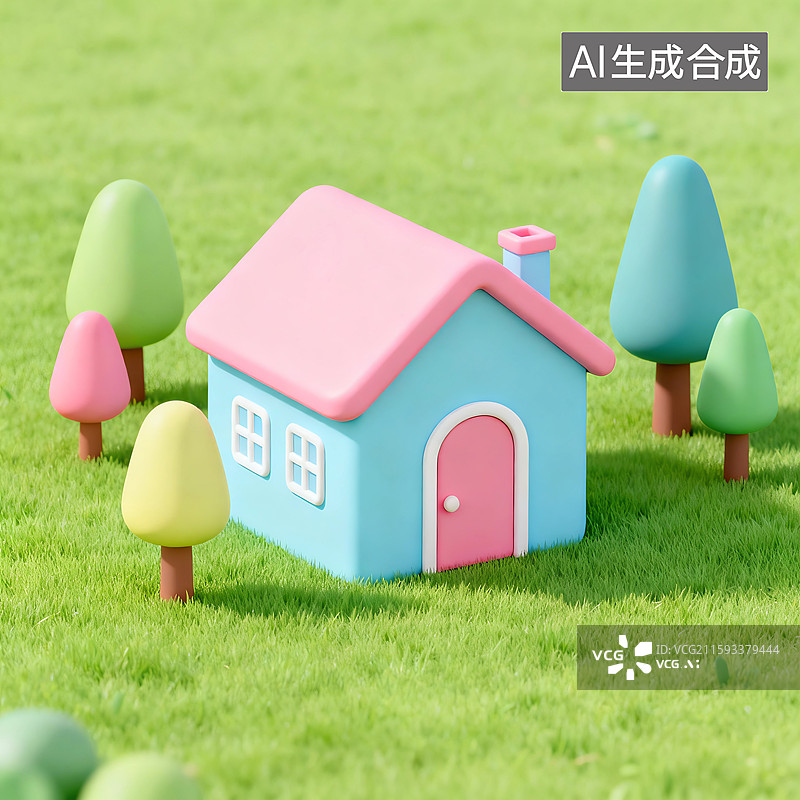 【AI数字艺术】夏天草坪田园房屋卡通插画图片素材