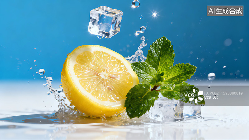 【AI数字艺术】切开的清新柠檬和冰块图片素材