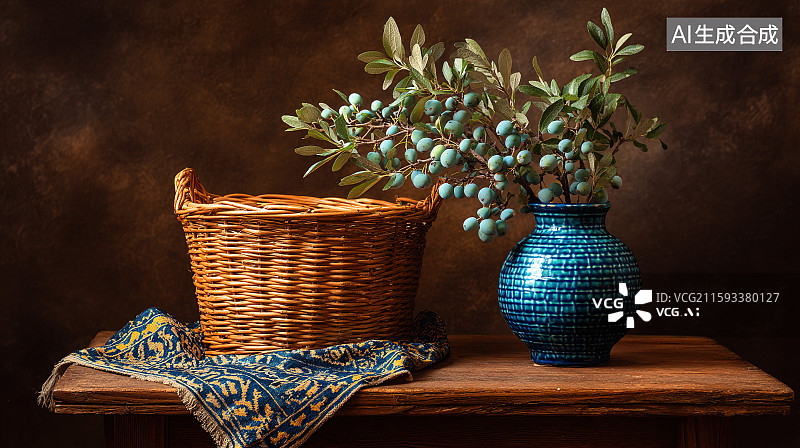【AI数字艺术】写实温馨静物与篮子花瓶图片素材